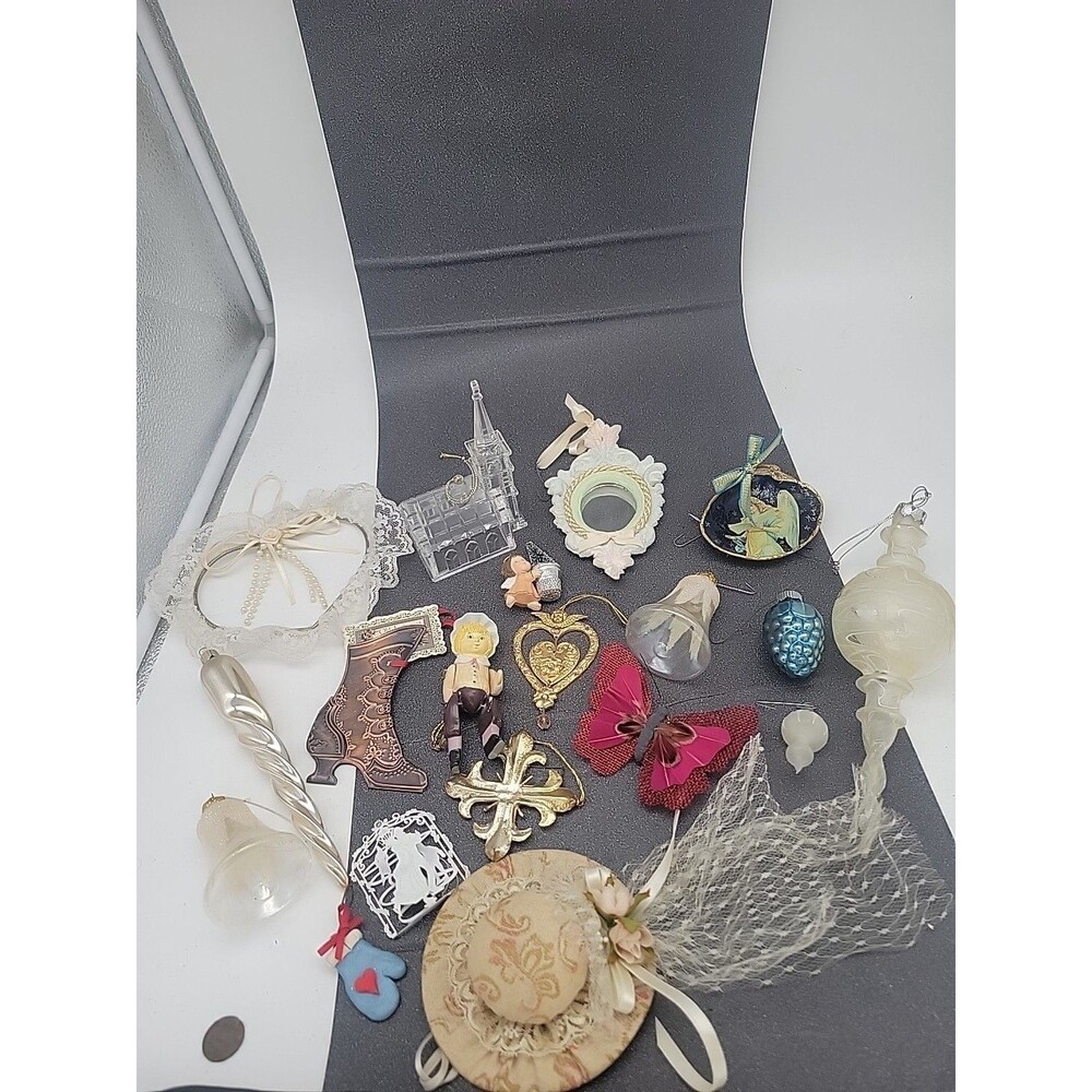 Vtg Victorian Style Christmas Ornaments Mix Lot of 18 Lace Angel Pink Blue Gold